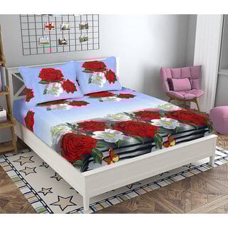BLACK BEE  White  red gerbera Floral 3D print double bedsheet with 2 Pillow Covers (208 X 213 cm)(BS20-06)