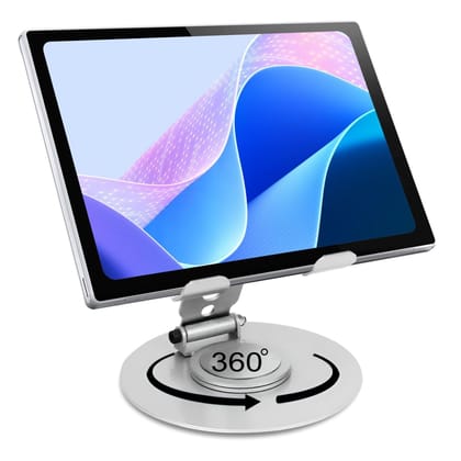 Elfora Heavy Duty Metal Adjustable Tablet Stand Holder for iPad, Tablets | with 360 Degree Rotation, Foldable & Portable Tablet Stand for Table, Office & Home (Silver) not found / not found