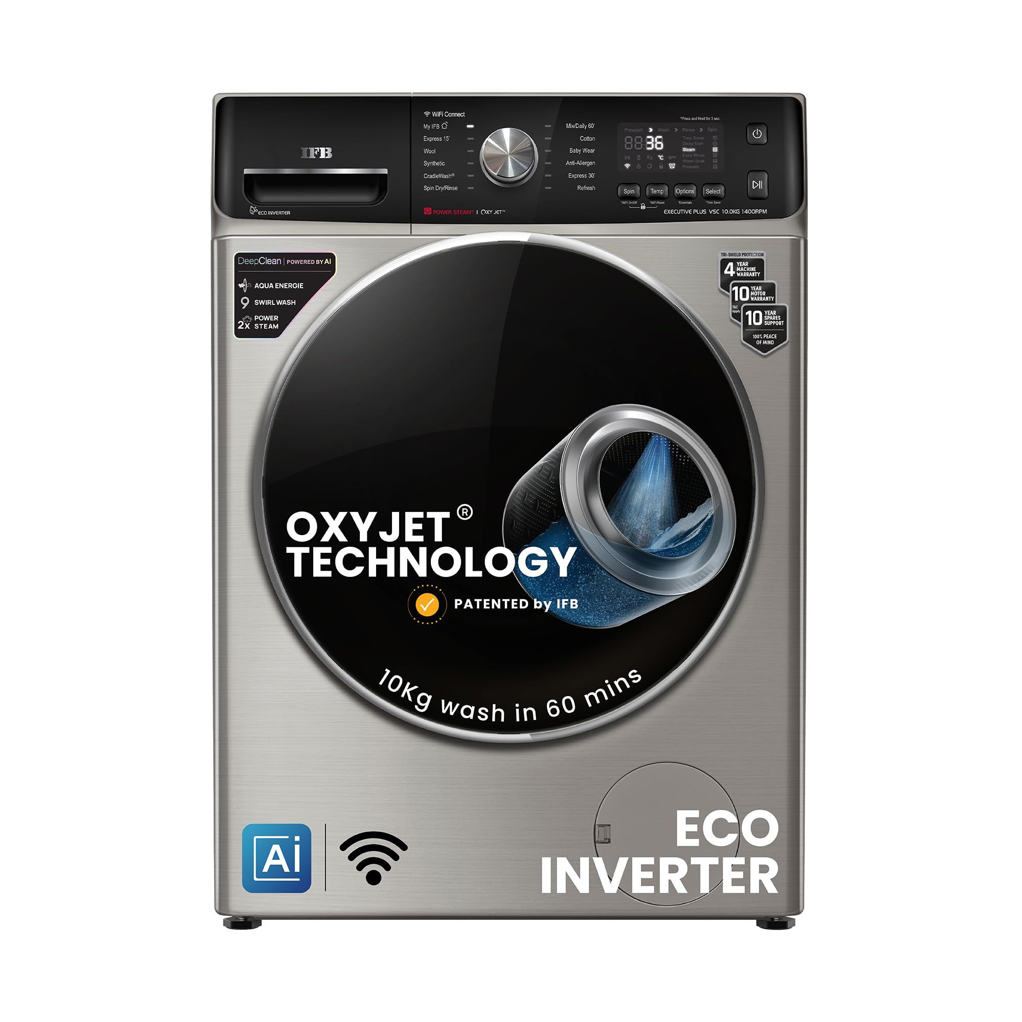 IFB 10Kg 5 Star with Deep Clean Oxyjet Technology, AI Powered, Fully Automatic Front Load Washing Machine (EXECUTIVE PLUS VSC 1014, Steam Refresh Program, Wi-Fi, Eco Inverter, SUS VCM, silver) IFB 10Kg 5 Star with Deep Clean Oxyjet Technology, AI Powered