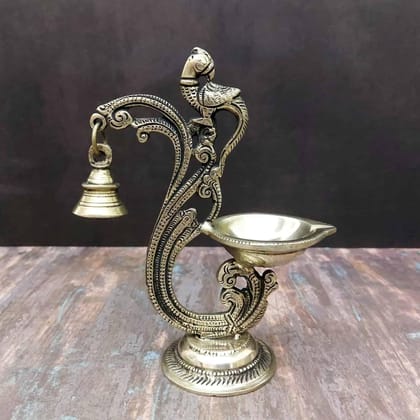 Brass Bird Bell Diya - 7.1 inch Height | Brass Diya with Bird Design and Bell Brass Bird Bell Diya - 7.1 inch Height | Brass Diya with Bird Design and Bell