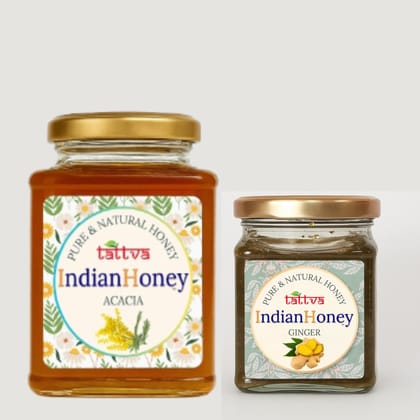 IndianHoney Rajasthan Acacia Honey & Warming & Anti-Inflammatory Ginger Infused Honey Combo Pack (500gm & 230gm) Rajasthan Acacia & Ginger
