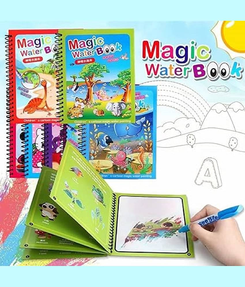 Unico Reusable Magic Water Quick Dry Book Water Coloring Book Doodle with Magic Pen for Painting Children's Education Drawing Pad (Random Designs)