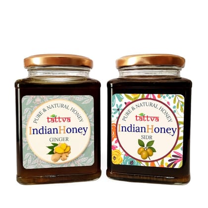 IndianHoney Sidr & Ginger Honey Combo (Pack of 2) | Pure & Natural | 1kg (500g Each) | Unprocessed & Unfiltered Natural Sweetener