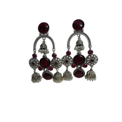 Anvaya Collections Traditional Silver-Toned Jhumka Earrings with Green and Maroon Stones, Pearl Drops, Floral Design