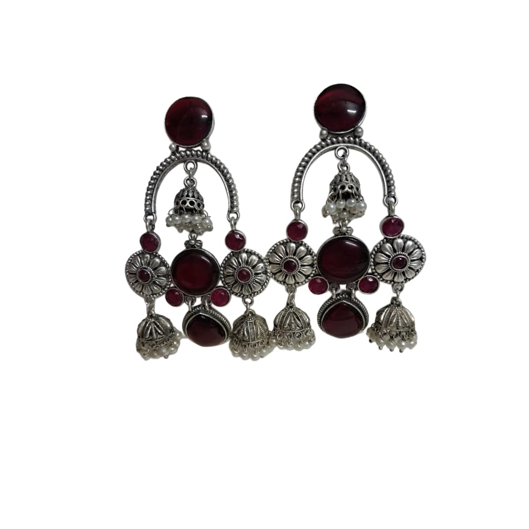 Anvaya Collections Traditional Silver-Toned Jhumka Earrings with Green and Maroon Stones, Pearl Drops, Floral Design