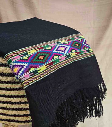 Himkara Black Kullu Shawl – Handwoven Himachali Woolen Shawl for Women