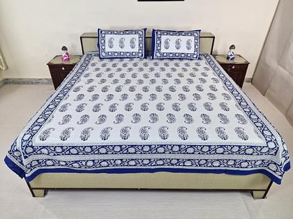 Bedsheet Set with Pillow Covers,Cotton Blue and White Floral Print, Size semi Double 210 cm X 226 cm
