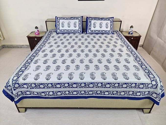 Bedsheet Set with Pillow Covers,Cotton Blue and White Floral Print, Size semi Double 210 cm X 226 cm