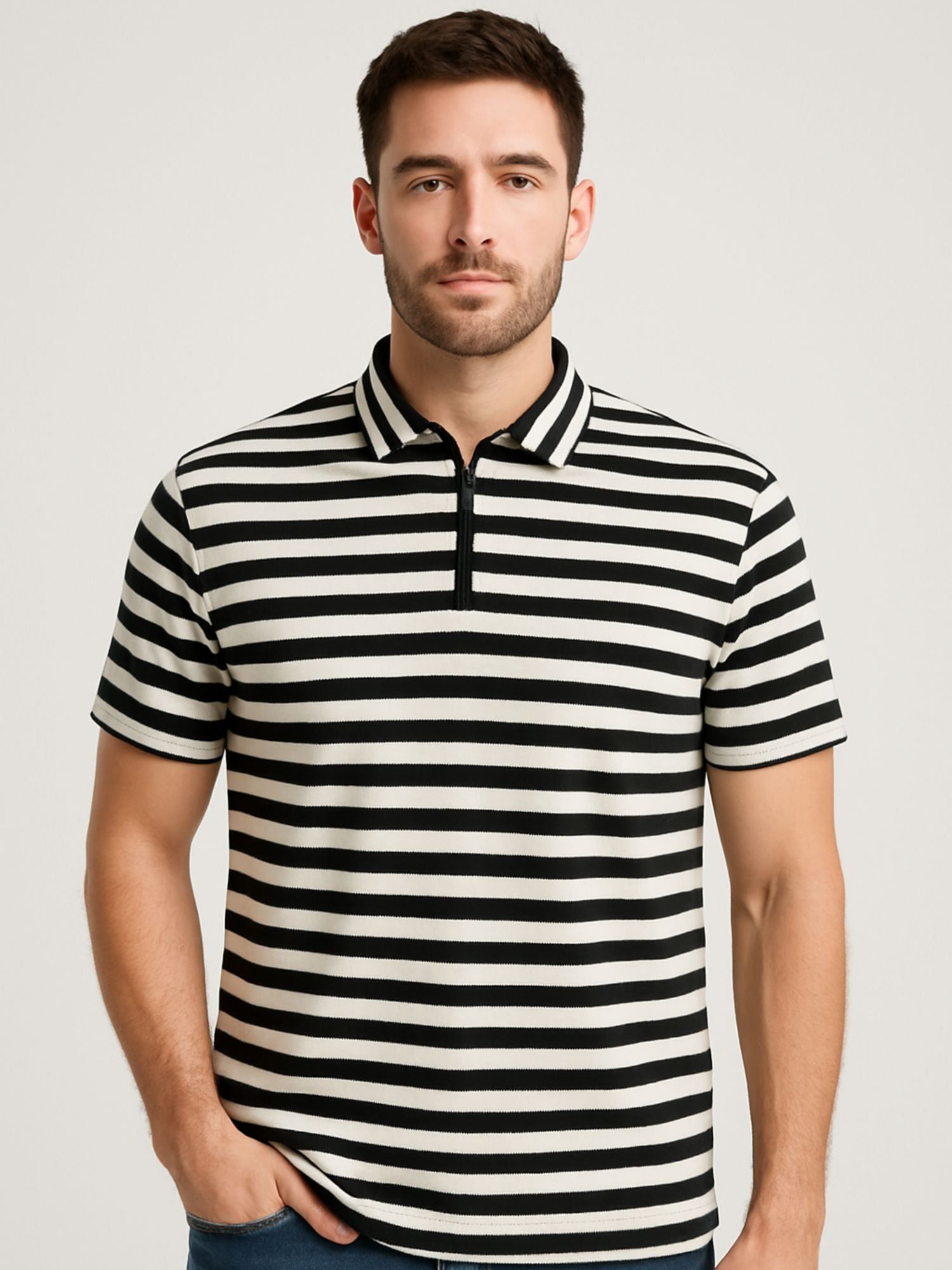Crazy bee Polo Collar Neck Tshirt: White Black Strips