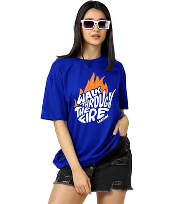 Leotude Women Cotton Blend Printed Oversized Fit Round Neck T-Shirt ( Blue )