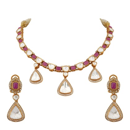 Samaira - Polki and Red Stone Necklace Set-Red