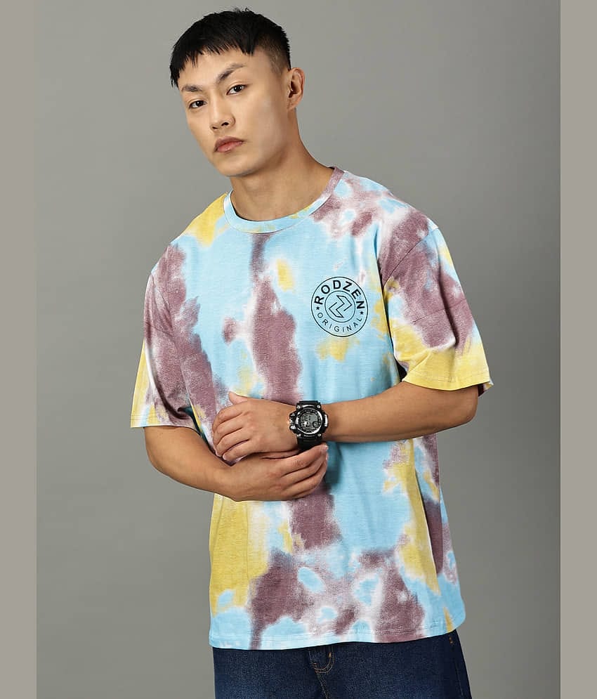 RodZen Cotton Oversized Fit Printed Half Sleeves Men's Round T-Shirt - Blue ( Pack of 1 )