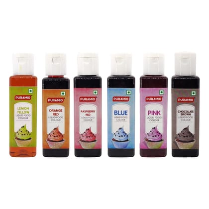 Puramio Assorted Liquid Food Colours, (Lemon Yellow, Orange Red, Raspberry Red, Blue, Pink, Chocolate Brown), 30 ml Each - Pack of 6