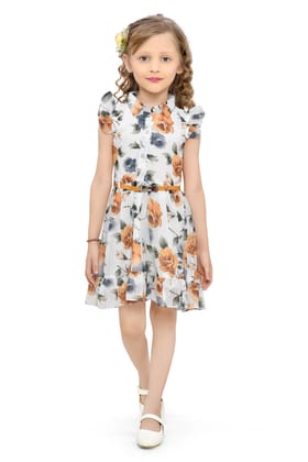 Be:Kids Floral Print Pleated Dress with Belt for Girls - Red and Blue on White Be:Kids Floral Print Pleated Dress with Belt for Girls - Red and Blue on White
