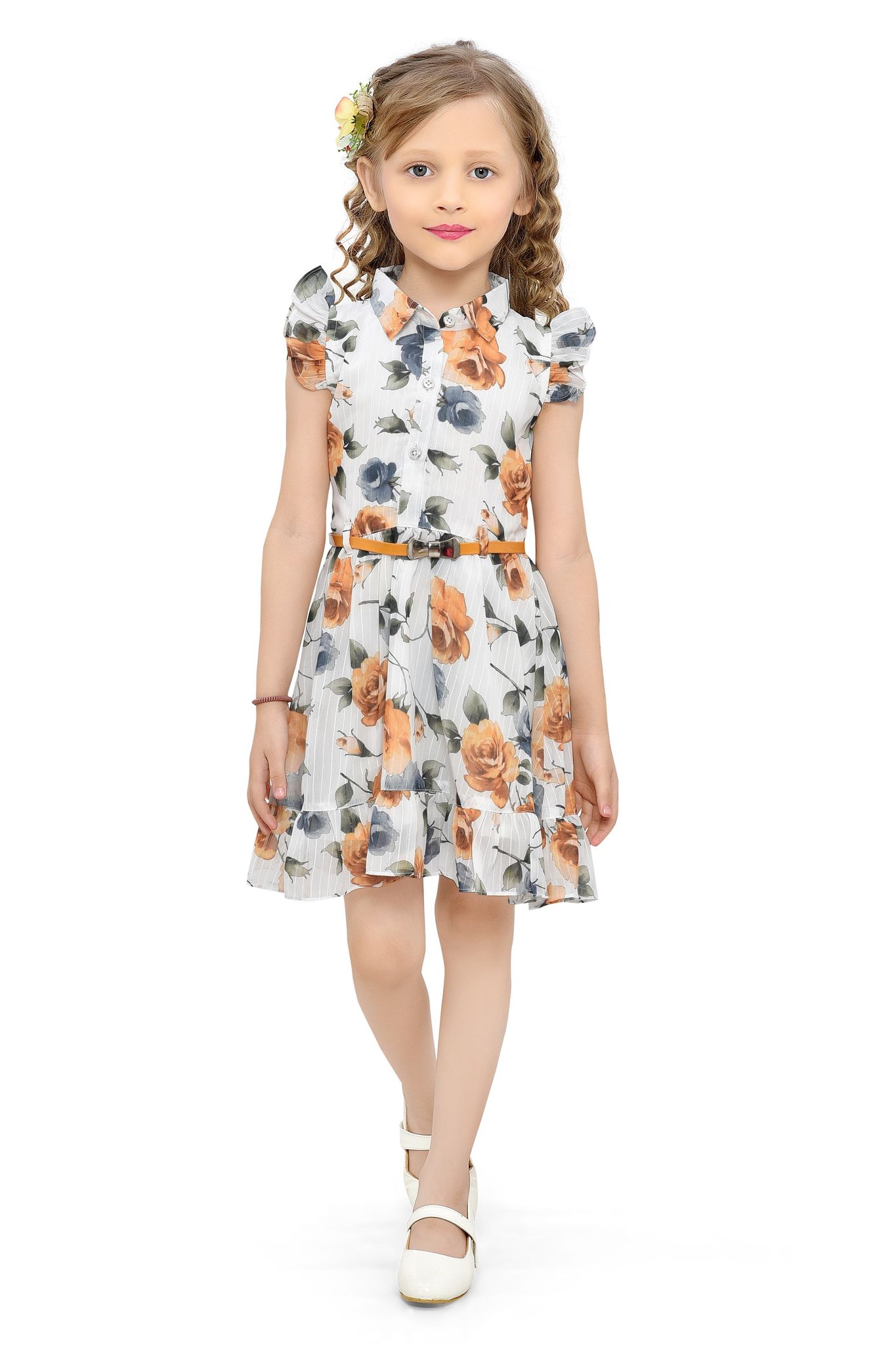 Be:Kids Floral Print Pleated Dress with Belt for Girls - Red and Blue on White