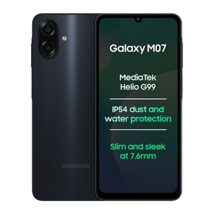 Samsung Galaxy M07 Mobile (Black, 4GB RAM, 64GB Storage) | MediaTek Helio G99 | AnTuTu 624K | IP54| 50MP Camera | 7.6mm Slim | 5000mAh Battery | 25W Fast Charging | 6 Gen OS Upgrades | Without Charger Samsung Galaxy M07 Mobile (Black, 4GB RAM, 64GB Stora