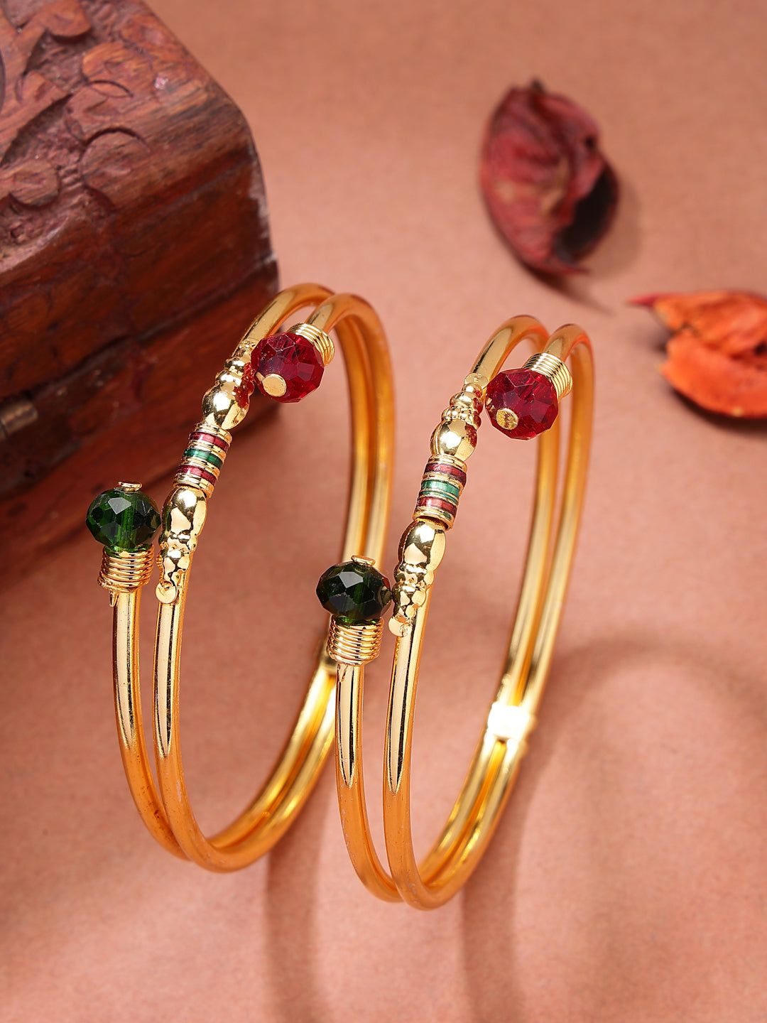 NVR Women's Set of 2 Gold-Plated Artificial Beads Traditional Bangles-2.4 / Gold / Alloy