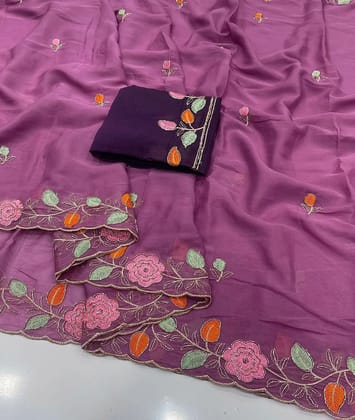 Star Georgette saree with embroidery work all over saree and beautiful  flower  design with cut work border