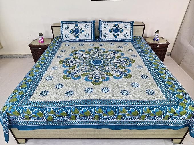 Bedspread Set with Pillow Covers,Floral Print Cotton, Blue and Green Size 210 cm X 226 cm