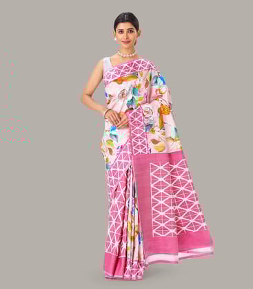 Baby Pink Handloom Silk Saree With Printed Floral Motifs-Baby Pink