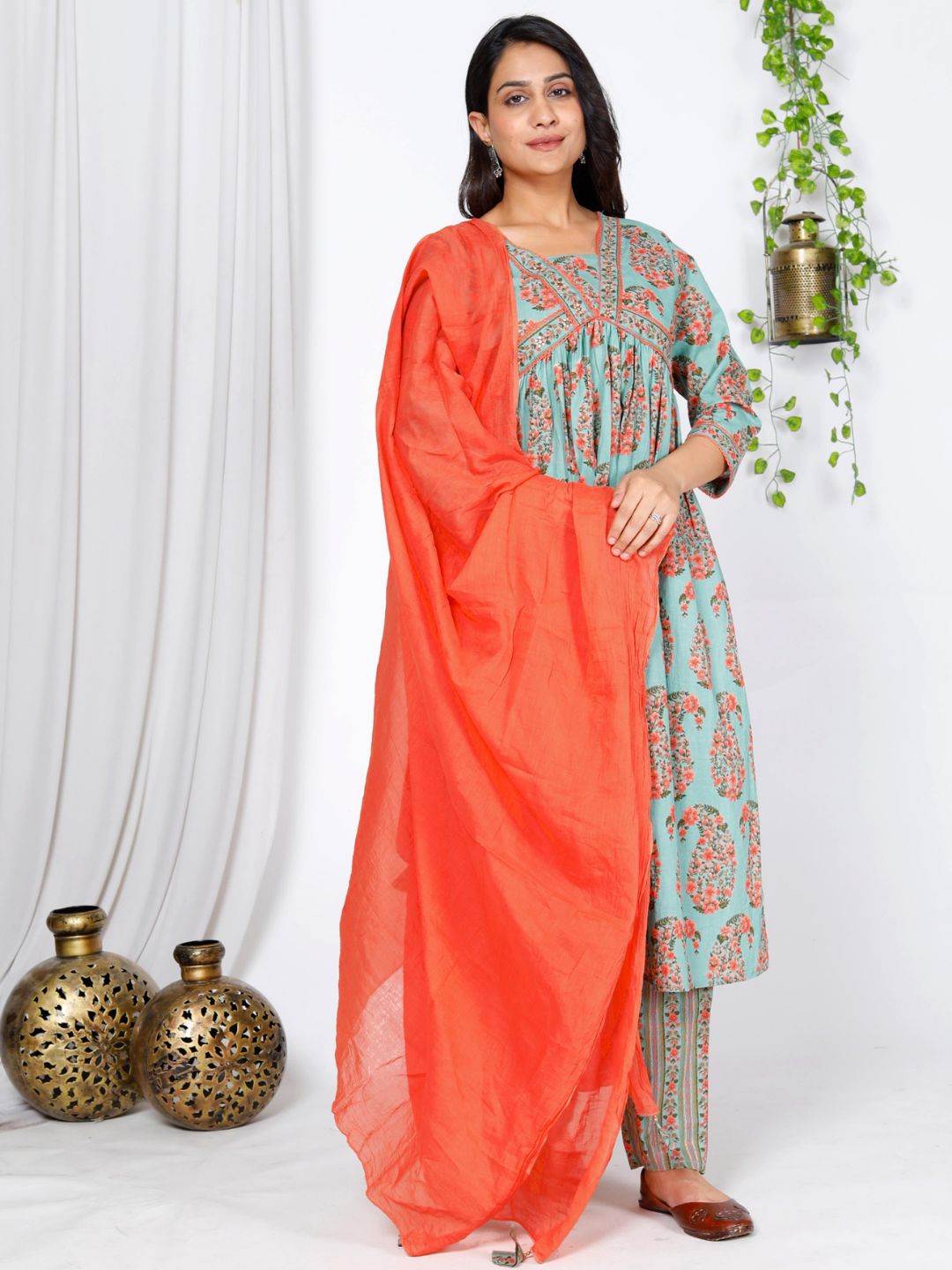 Light Blue Alia Cut Paisley Print Dupatta Set-36