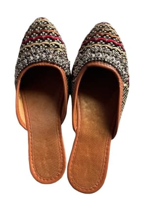 TULIP Traditional Artisians' Upliftment Livelihood Program Jaipuri Jutti Black and Gold with Ghungroo Embellished Slip-On Mules, Multicolor Sequin and Beadwork, Pointed Toe, Flat Footwear