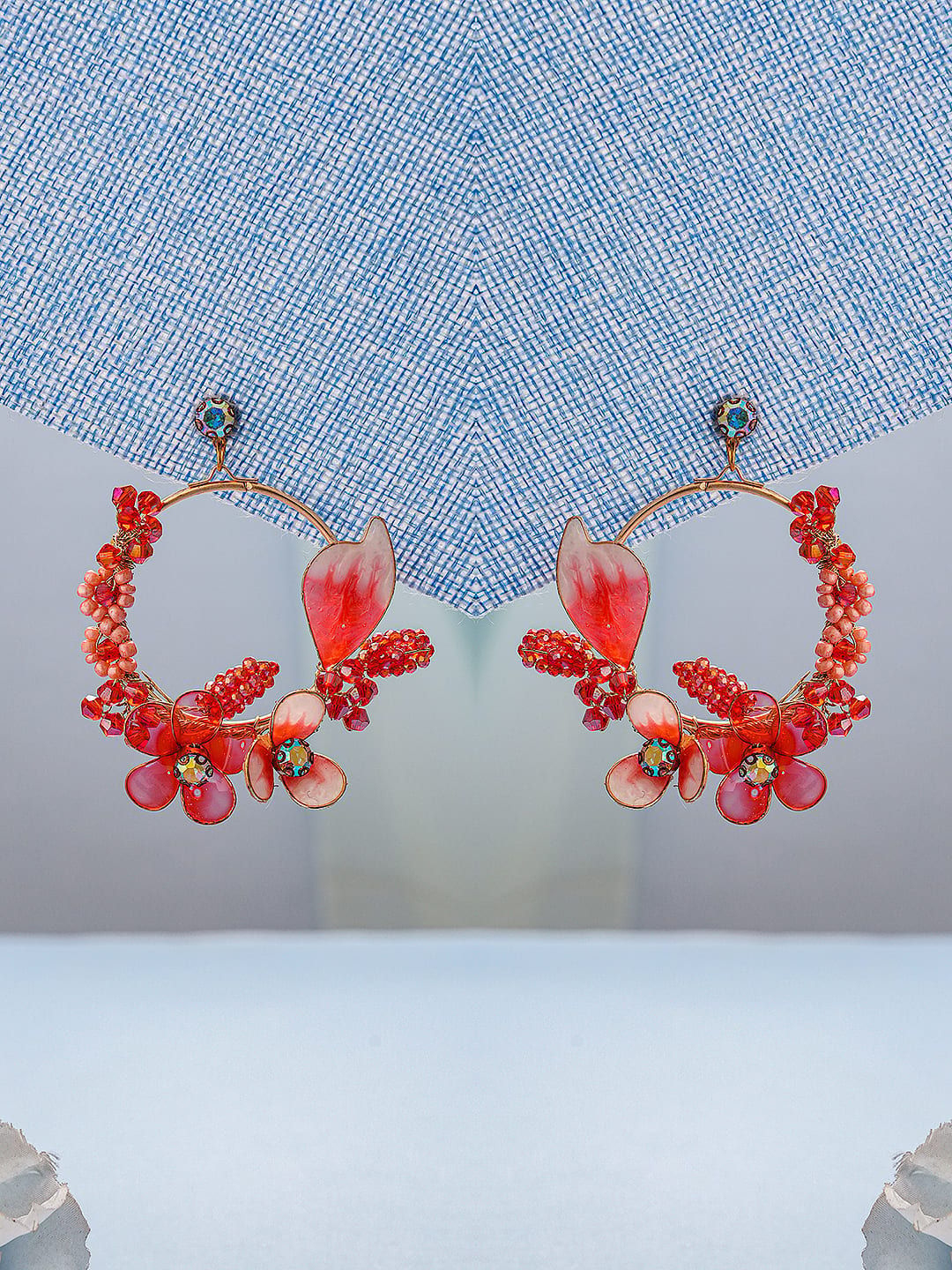 Red Enamelled & Beaded Statement Floral Earrings