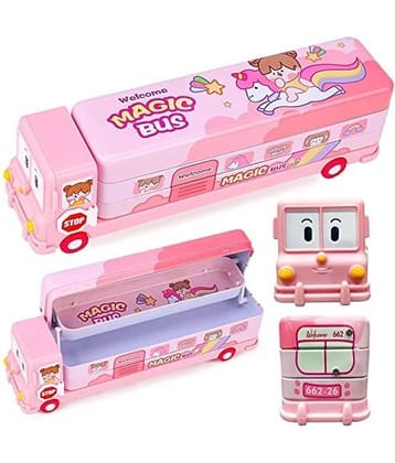 Freedy Bus Pencil Geometry Box Stationery Moving Tyres & Sharpener School RANDOM DESIGN Bus Truck Art Metal Pencil Box  (Set of 1, Pink, Multicolor, )