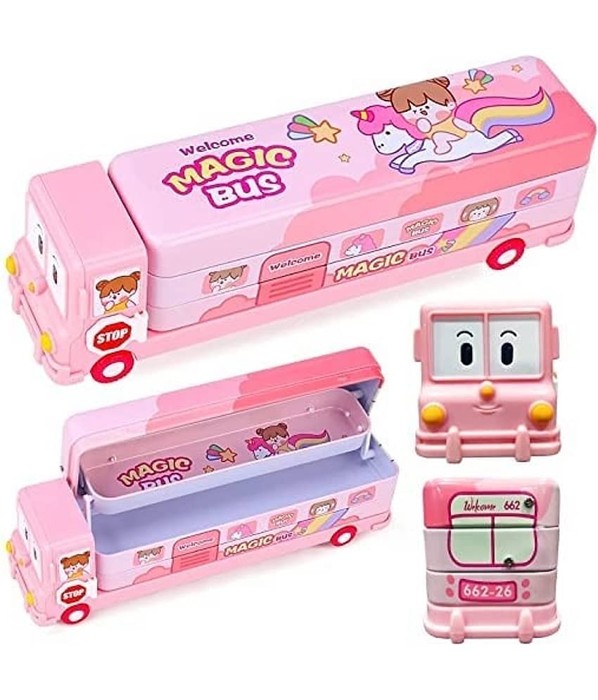 Freedy Bus Pencil Geometry Box Stationery Moving Tyres & Sharpener School RANDOM DESIGN Bus Truck Art Metal Pencil Box  (Set of 1, Pink, Multicolor, )