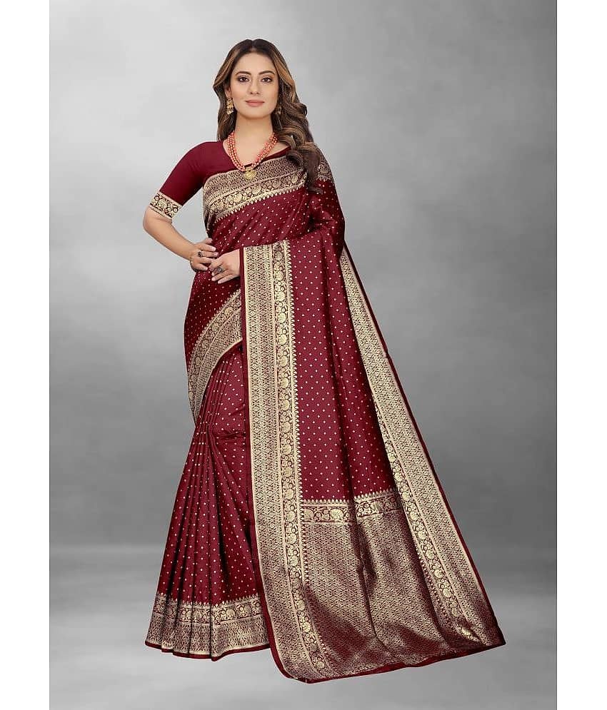 Gazal Fashions Banarasi Silk Embellished Saree With Unstitched Blouse Piece ( Maroon )