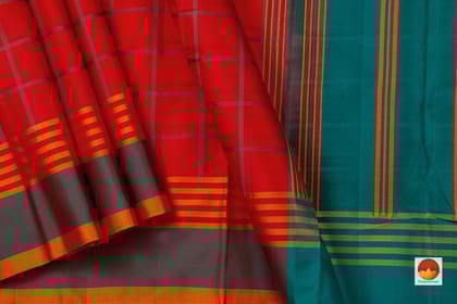 Red Checks Kanchipuram Silk Saree Handwoven Pure Silk No Zari For Office Wear PV NYC 718