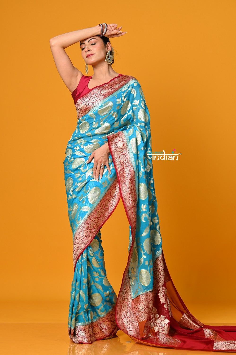 Suhaani ~ Handloom Khaddi Georgette Saree With All Over Floral Jaal~ Saline Blue with Red