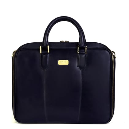 Navy Blue Office Briefcase with Padded Laptop Sleeve in Genuine Leather-FS