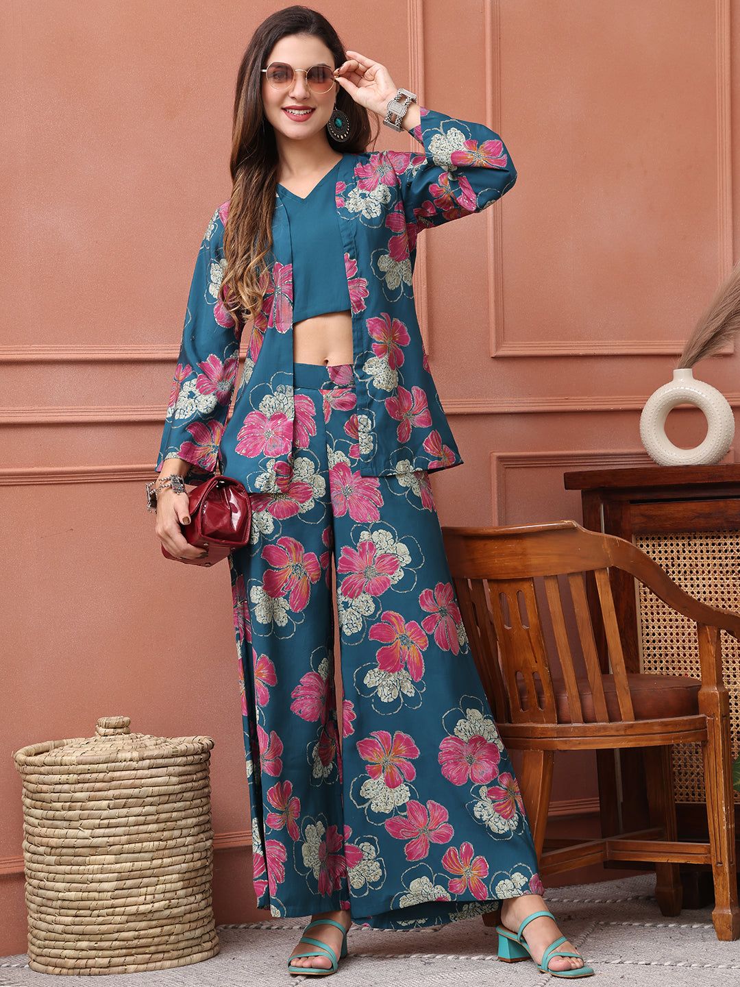 Blue Color Floral Printed Premium Chanderi Co-ord Set-S