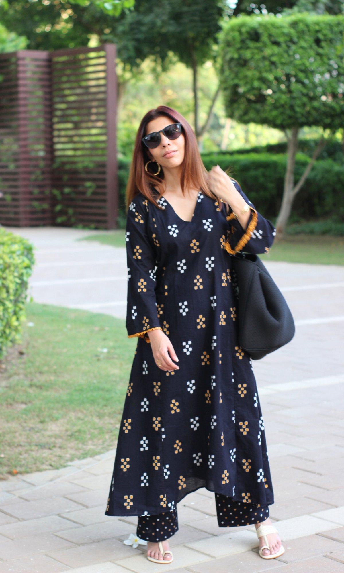 Black & Mustard High Low A line Kurta & Pallazo-3XL