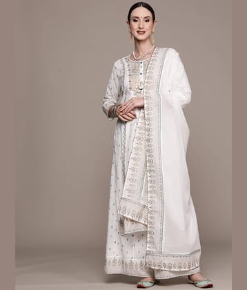 Ishin - Off White Anarkali Cotton Women's Stitched Salwar Suit ( Pack of 1 )