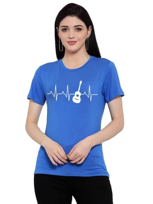 Women's Cotton Blend Bass Guitar Heartbeat Line Art Printed T Shirt L (Blue)