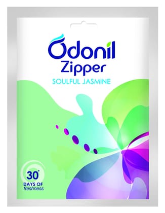 Odonil Bathroom Air Freshner Zipper (Soulful Jasmine), 10G, Instant & Long Lasting Fragrance, Lasts Upto 30 Days, Germ Protection