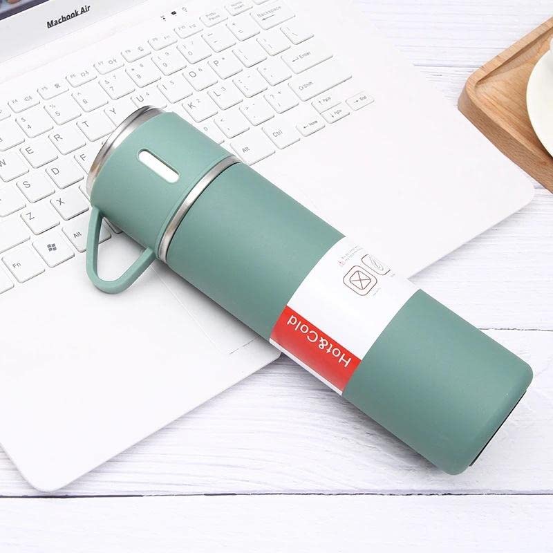 Green Stainless Steel Vacuum Flask with 2 Cups