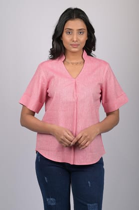 Western wear top for women western wear stylish and trending top short sleeve Light Pink V-Neck Top With Collar (OTL-TPS1060)-Pink / S