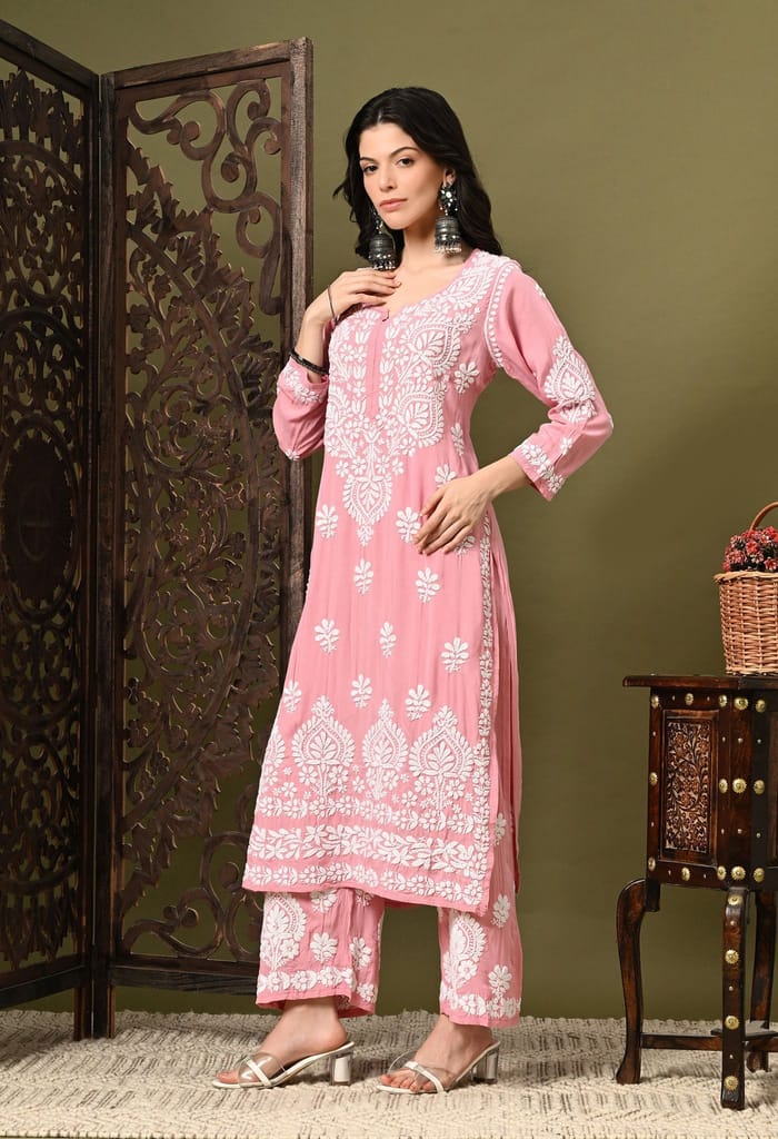 Chikankari (3D) Work on Modal Fabric-Pastel Pink