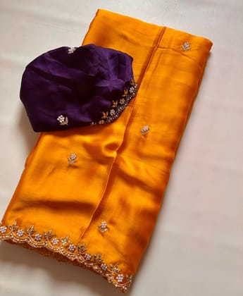 New Partywear Satin Chiffon Embroidery n Diamond Work Fancy Designer Saree With Blouse-Orange