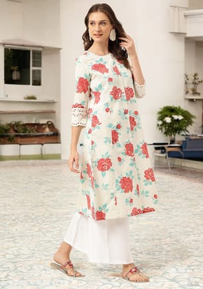 White Floral Printed Cotton A-Line Kurta-3XL