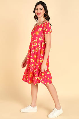 Pink Georgette Floral Printed Off Shoulder Midi Dress VD1175A Pink Georgette Floral Printed Off Shoulder Midi Dress VD1175A