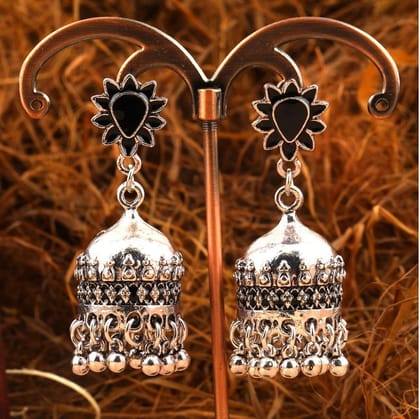 Antique Silver Plated Floral Black Enamel Work Jhumki Earring- AER 292