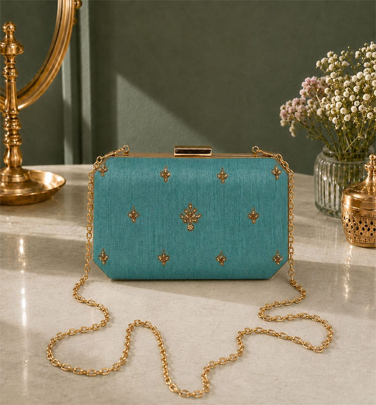 Handcrafted Zari Zardozi Dupion Silk Hand Clutch