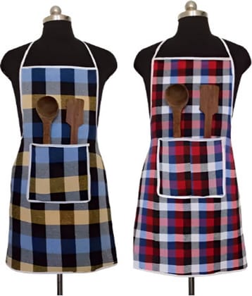 CreadCraft Cotton Checks Kitchen Apron with 1 Center Pocket ( Pack of 2 )