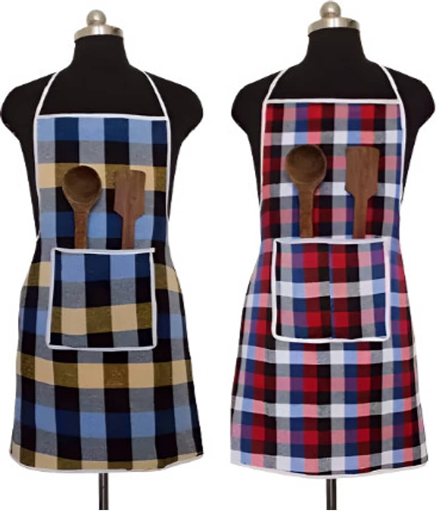 CreadCraft Cotton Checks Kitchen Apron with 1 Center Pocket ( Pack of 2 )