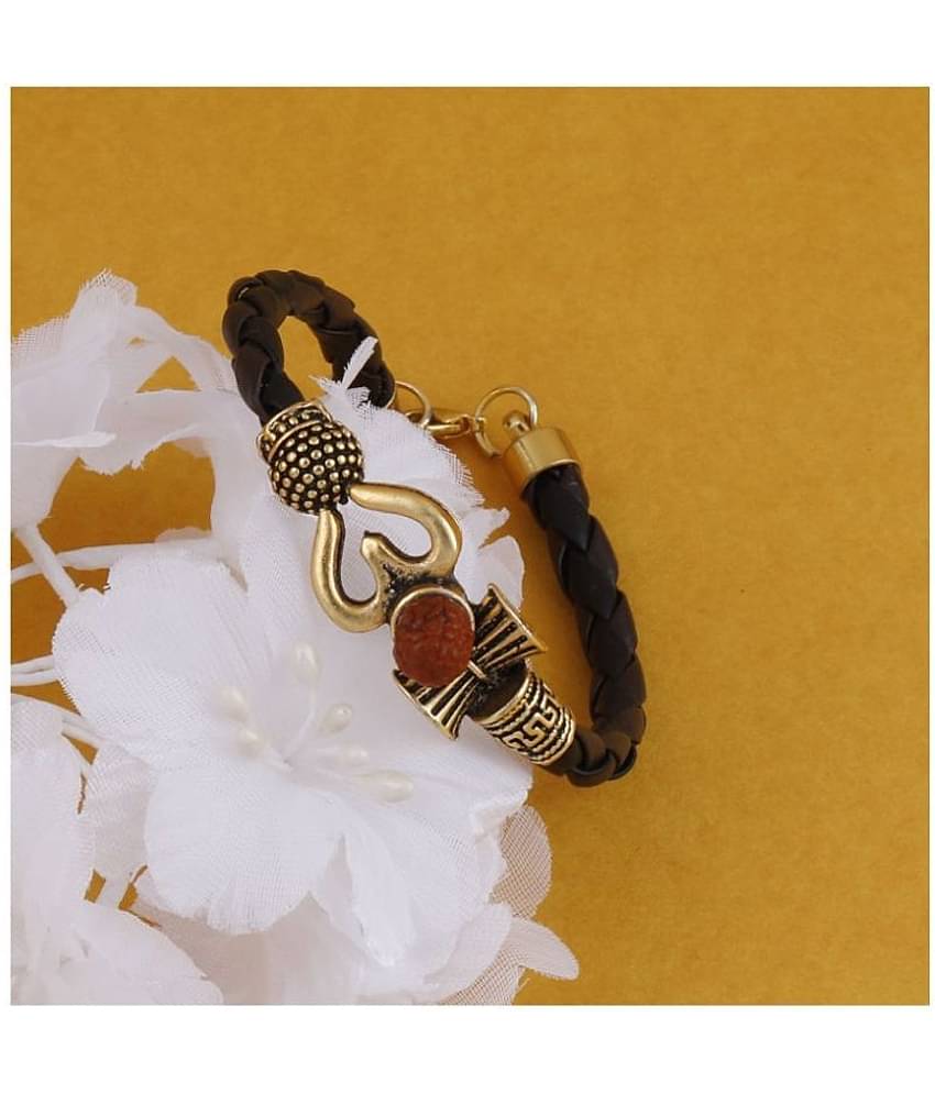 Rudraksha OM Trishul Damroo Designer Oxidized Gold Bahubali Leather Kada Bracelet Unisex Bracelets for Men & Women