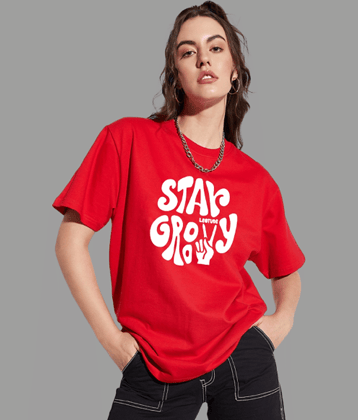 Leotude Women Cotton Blend Printed Oversized Fit Round Neck T-Shirt ( Red )